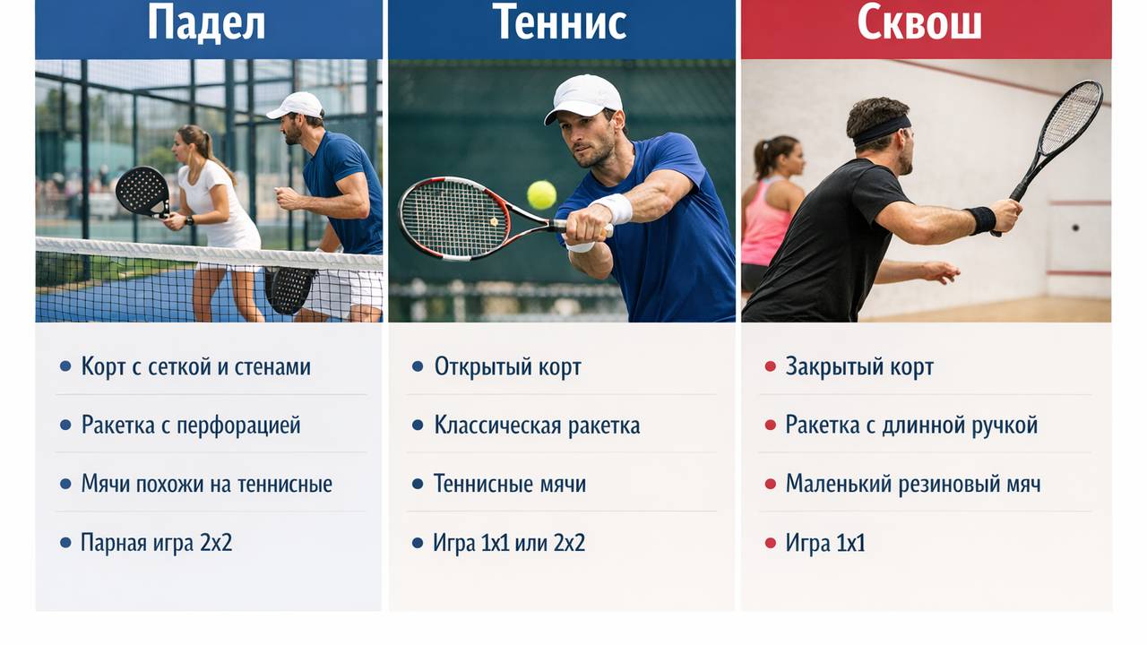 падел отличается от тенниса и сквоша